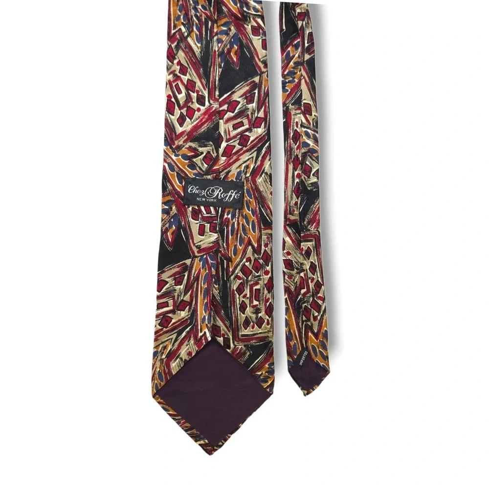 Chez‎ Roffe Silk Necktie Abstract Art Print Black Burgundy Gold Blue Vintage OS